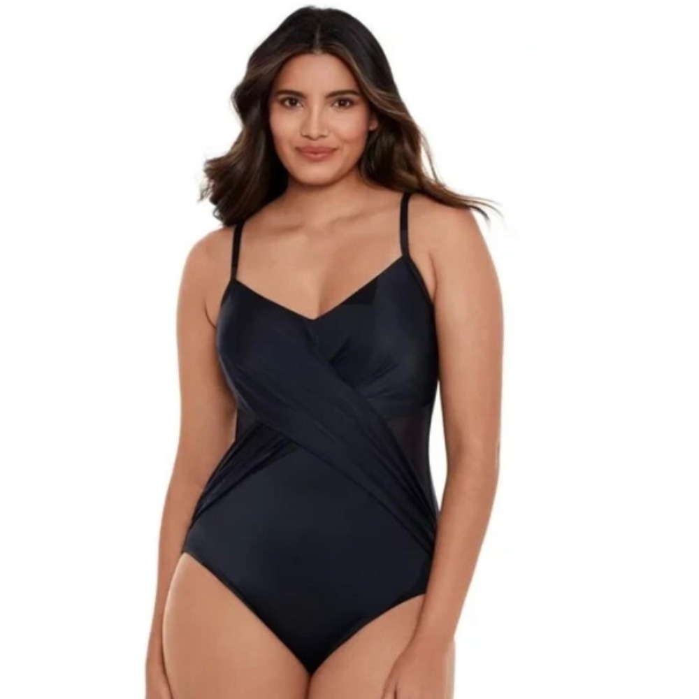 Embrace Your Curves Black Mesh Panel Wrap One‎ Piece Janelle Swimsuit Size M EUC
